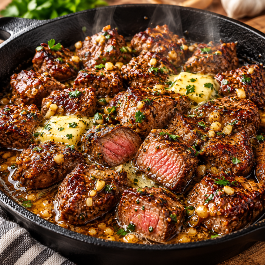 Juicy Cajun garlic butter steak bites garnished with parsley in a cast-iron skillet.