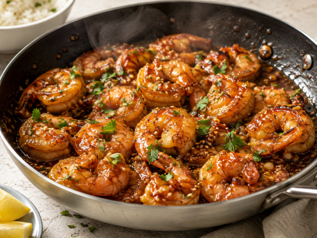 Honey garlic shrimp coated in a glossy sweet and savory garlic sauce with fresh herbs in a skillet.