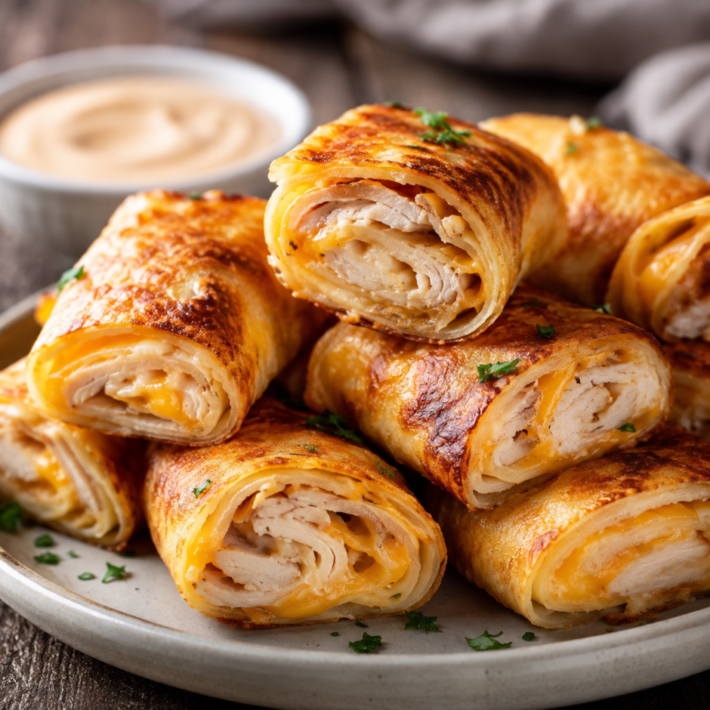 Crispy turkey and cheese pinwheels filled with roasted turkey and melted cheese