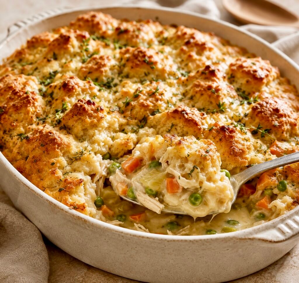 Creamy chicken pot pie cobbler with peas, carrots and a golden biscuit topping served from a cream casserole dish.