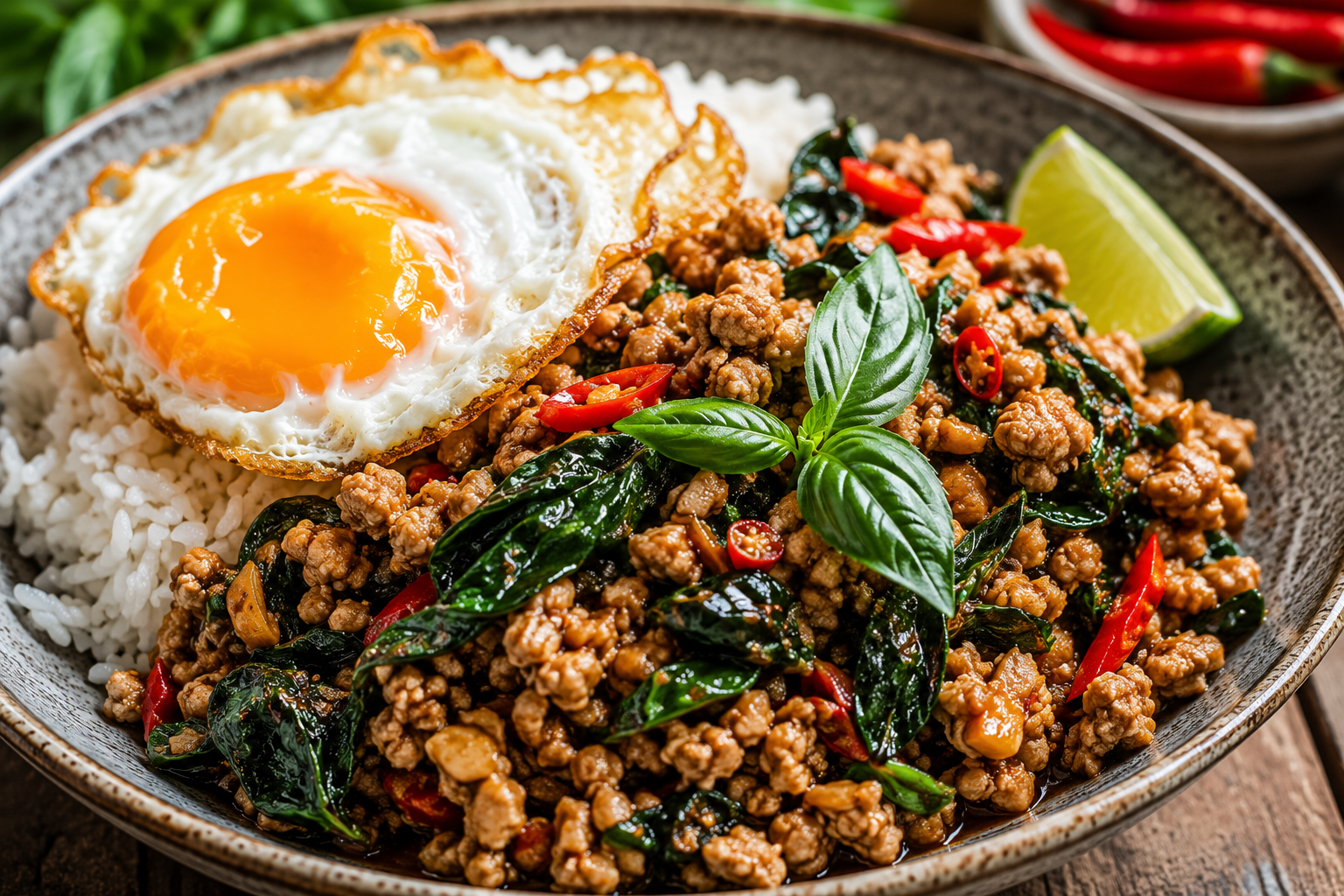 C60F794C-B5CE-4A80-B96C-7E765D631684 Authentic Thai Basil Chicken served over jasmine rice with a fried egg, fresh Thai basil, red chilies, and lime wedges in a ceramic bowl.