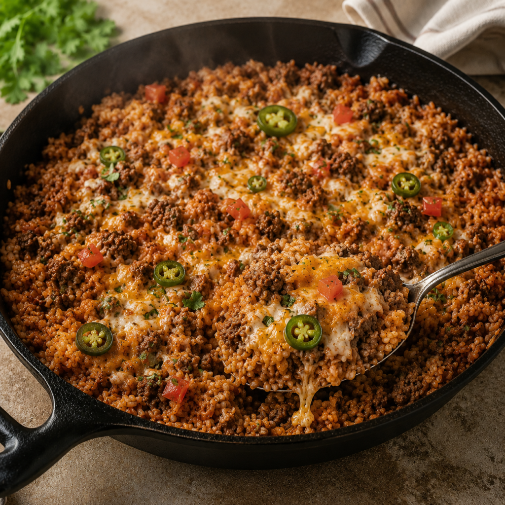 One-pot cheesy taco beef and rice skillet with seasoned ground beef, tomato rice, melted cheese and sliced jalapeños.