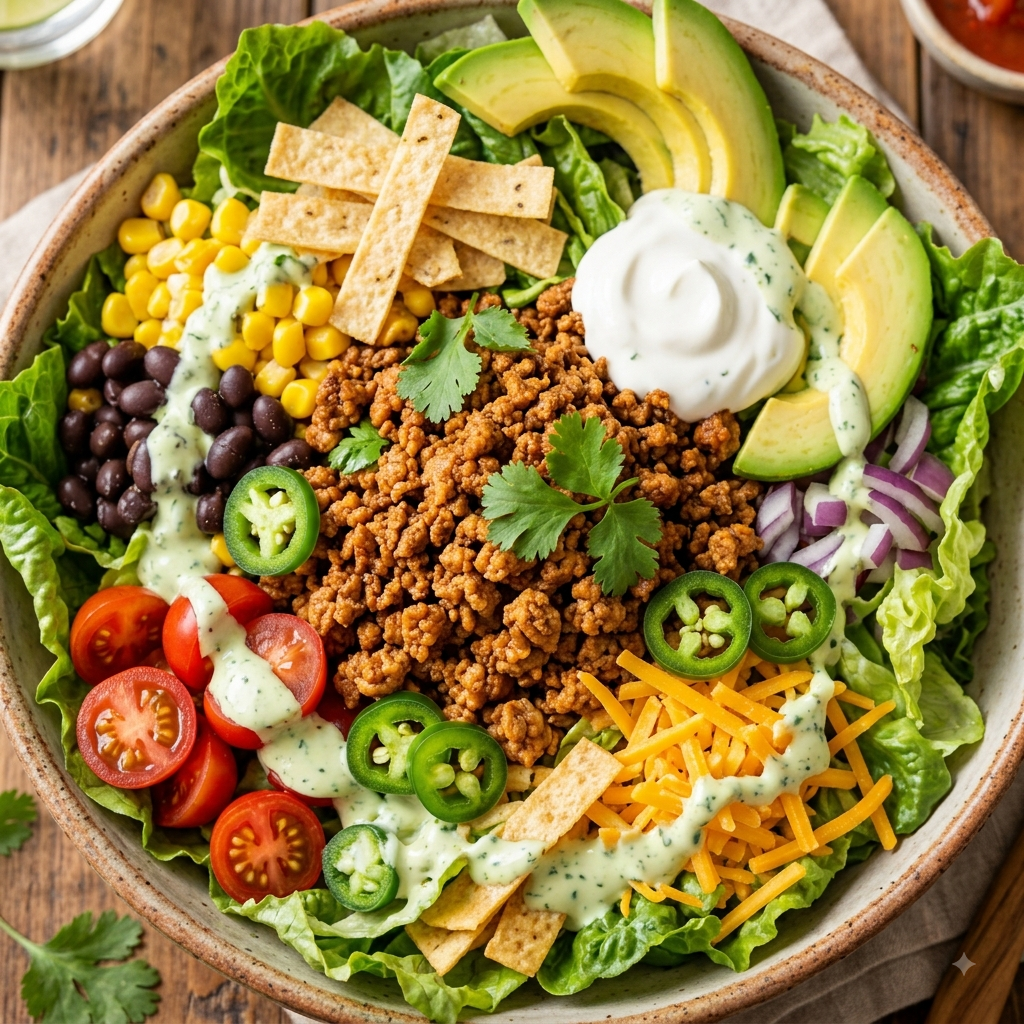 Turkey taco salad with seasoned ground turkey, crisp lettuce, black beans, corn, cheese and crunchy tortilla strips