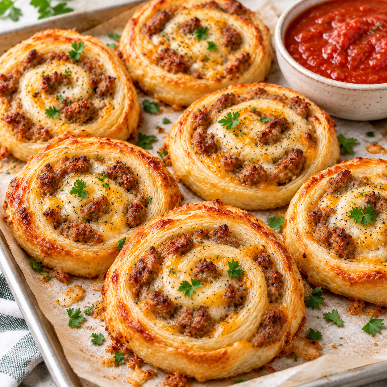 Golden cheesy sausage puff pastry pinwheels with visible flaky spirals, sausage, melted cheese, parsley, and marinara dipping sauce.