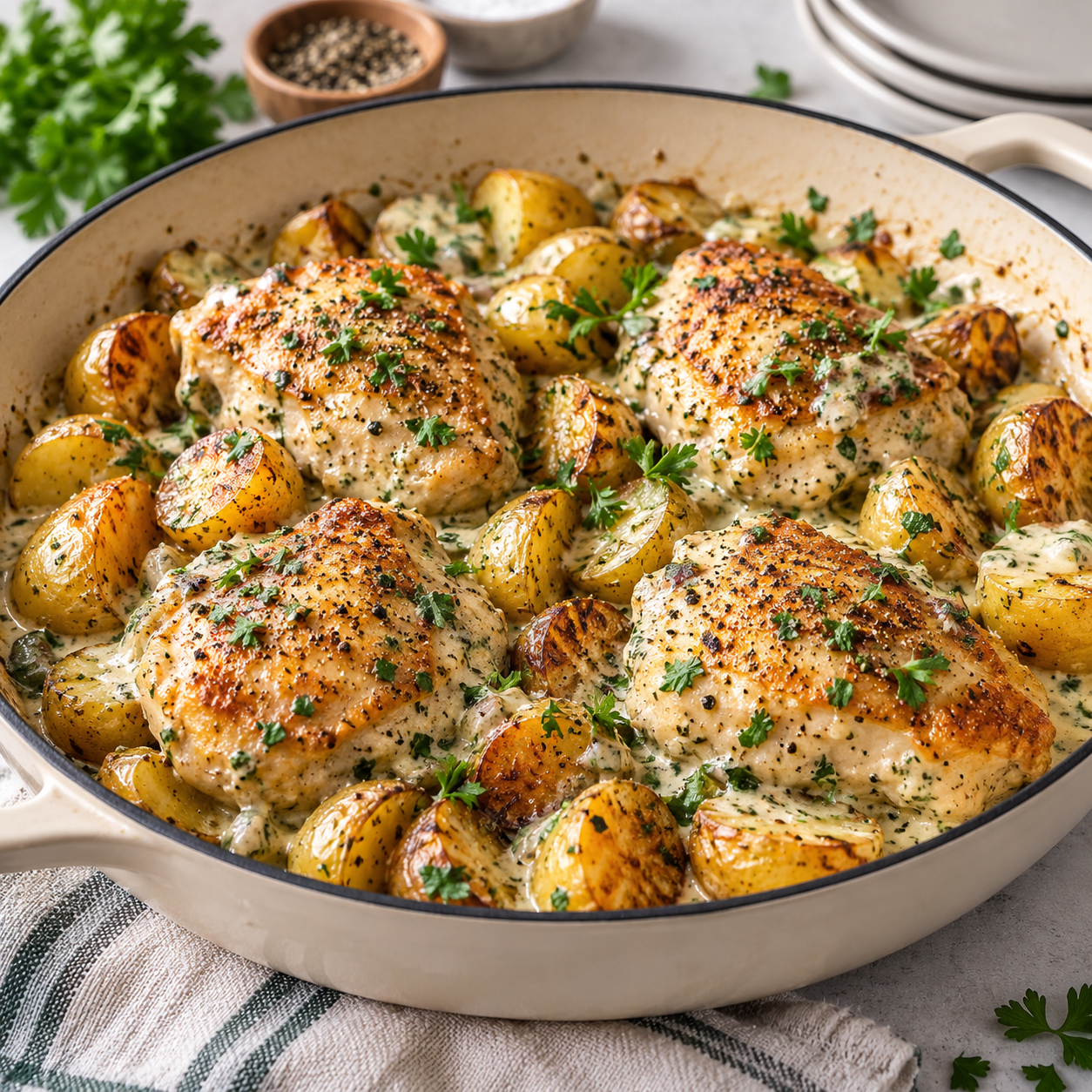 One-pan creamy ranch chicken and potatoes in a skillet with golden chicken, roasted baby potatoes, and a creamy herb sauce.
