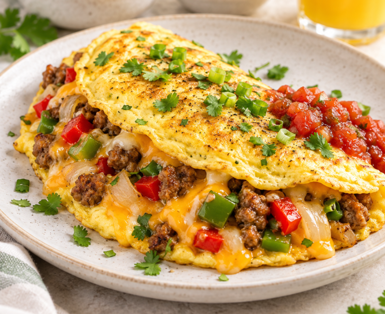 Southwest omelet filled with sausage, cheese, peppers, onions and salsa.