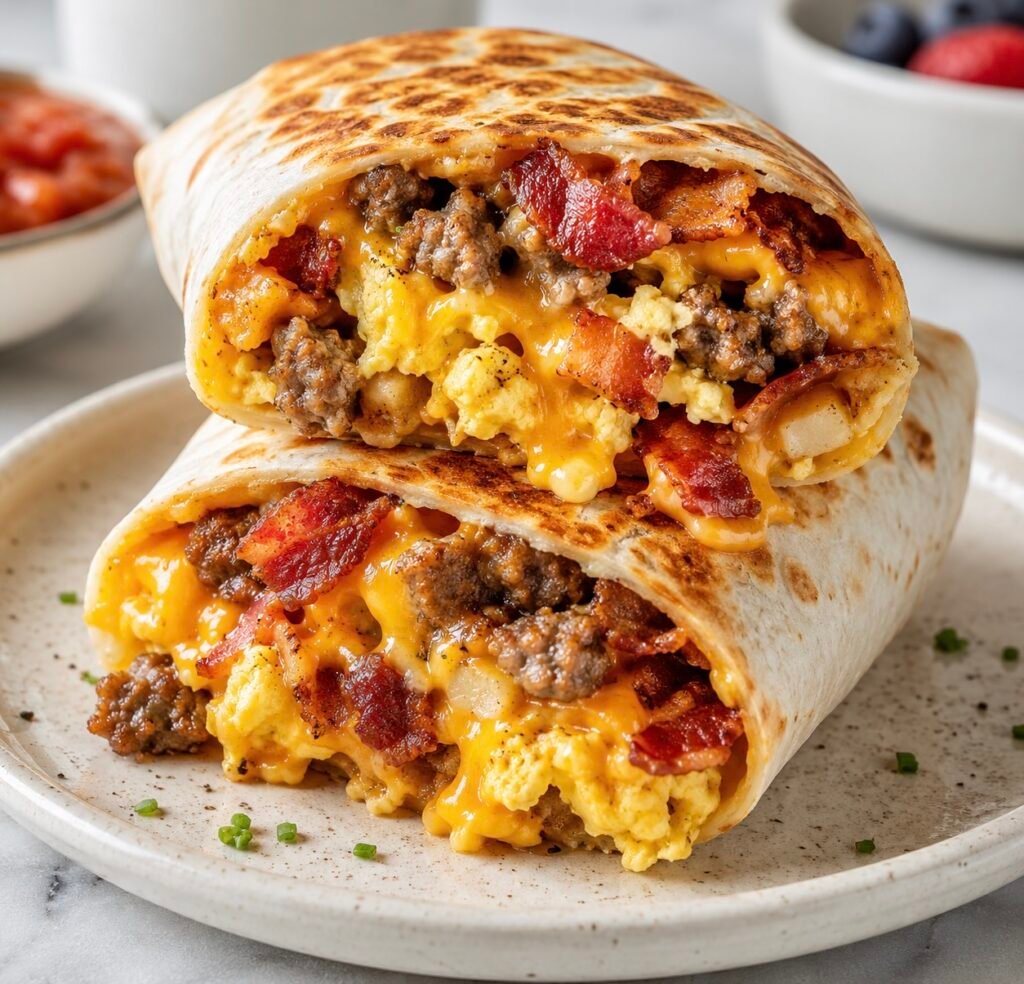 Loaded breakfast burrito stuffed with sausage, crispy bacon, scrambled eggs, potatoes, and melted cheese.