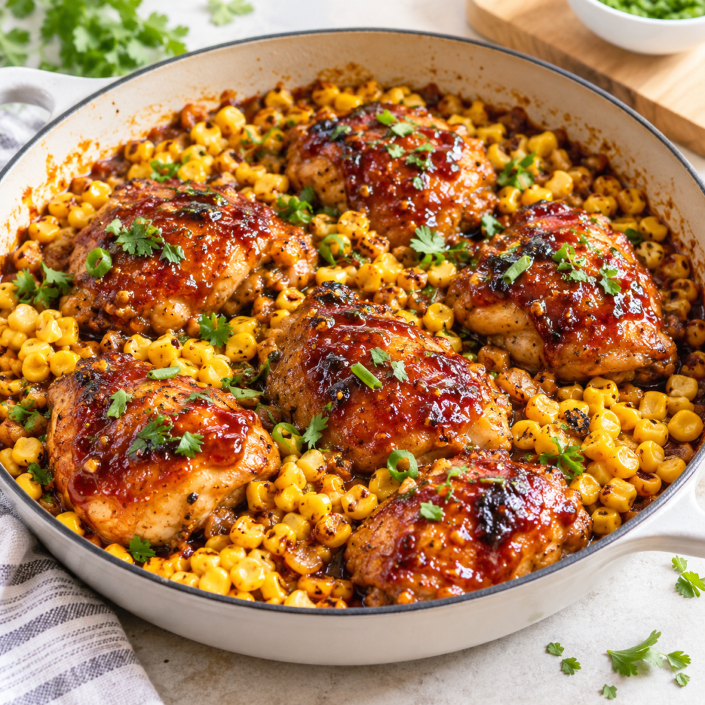 One-pan honey BBQ chicken and corn in a skillet with glazed chicken and charred corn.