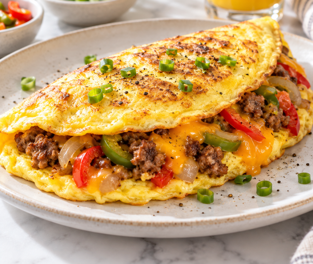 Sausage and cheddar omelet with peppers and onions on a plate.
