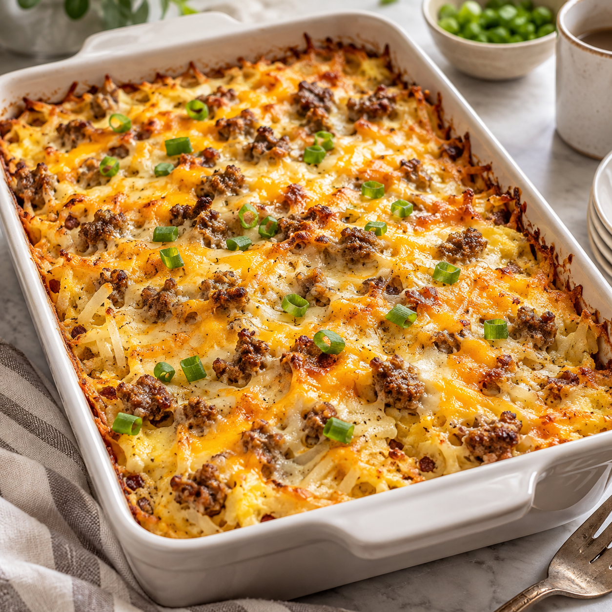 Sausage Hash Brown Breakfast Casserole Recipe A baked sausage hash brown breakfast casserole topped with melted cheese and green onions in a white baking dish.