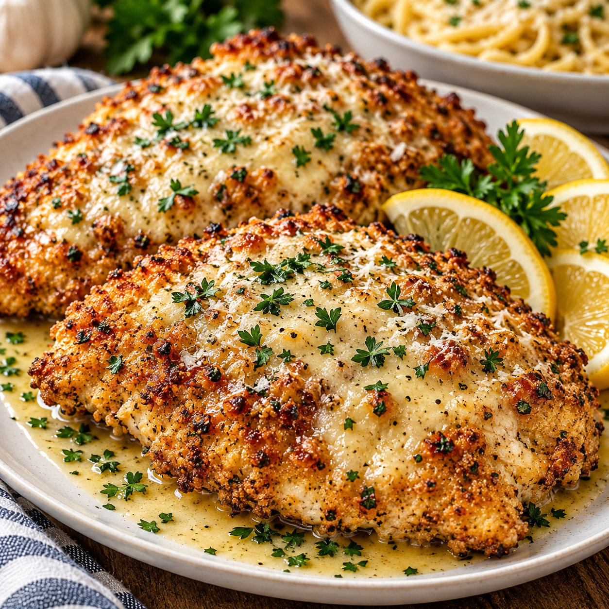 Crispy Parmesan Chicken Romano Crispy Parmesan Chicken Romano served on a plate with a golden cheesy crust, tender chicken, pasta, lemon slices, and fresh parsley.