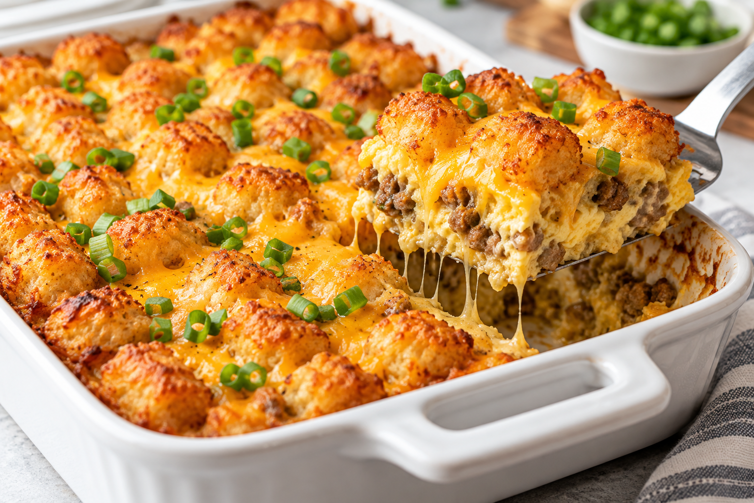Tater tot breakfast casserole with sausage, eggs, melted cheddar cheese, and crispy golden tater tots in a white baking dish.