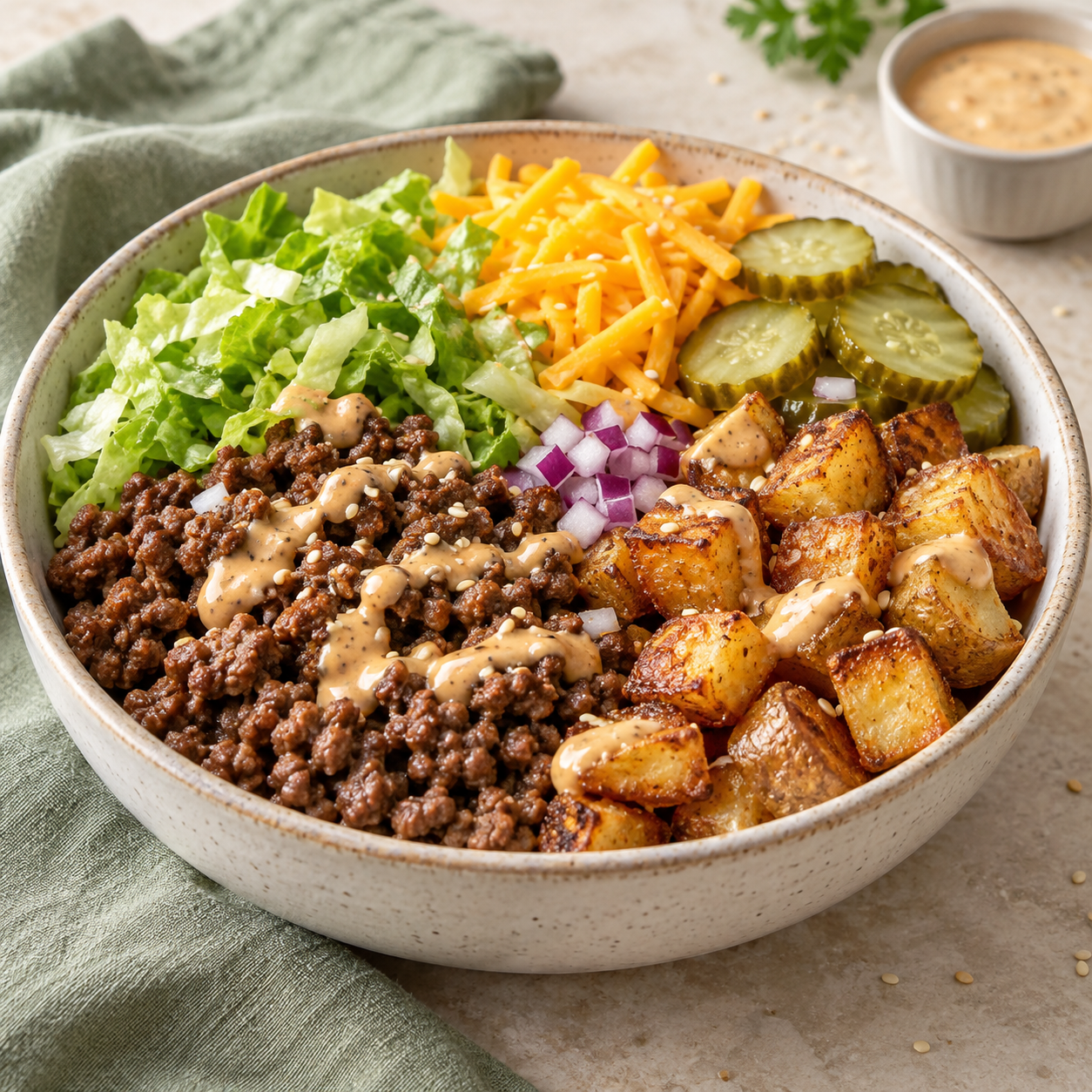 High\-Protein Cheeseburger Bowl with Crispy Potatoes High-protein cheeseburger bowl with seasoned ground beef, crispy potatoes, cheddar cheese, lettuce, pickles, red onion, and burger sauce. Include the following information: Introduction Why this recipe works Ingredients Step by step instructions Recipe details (examples)
Prep Time:
Cook Time:
Total Time:
Servings: Pro tips Storage instructions FAQ Focus Keyword Image Alt Text Use 28–32% transition words throughout text. Use focus keywords in subheading Make sure focus keyword is in the first sentence Use transition words naturally throughout text No consecutive sentences Slug Tags with commas Make sure paragraphs are not too long and easy to read Best category/categories to put this in