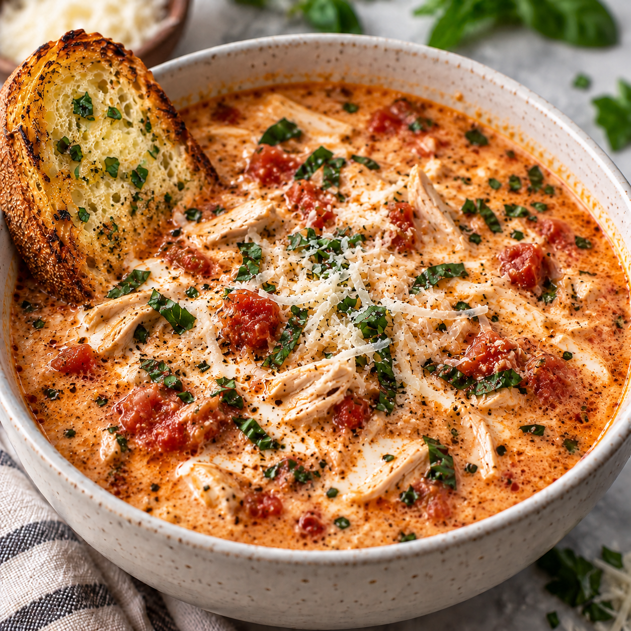 Creamy Chicken Parmesan Soup with shredded chicken, tomatoes, Parmesan cheese, herbs, and toasted bread.