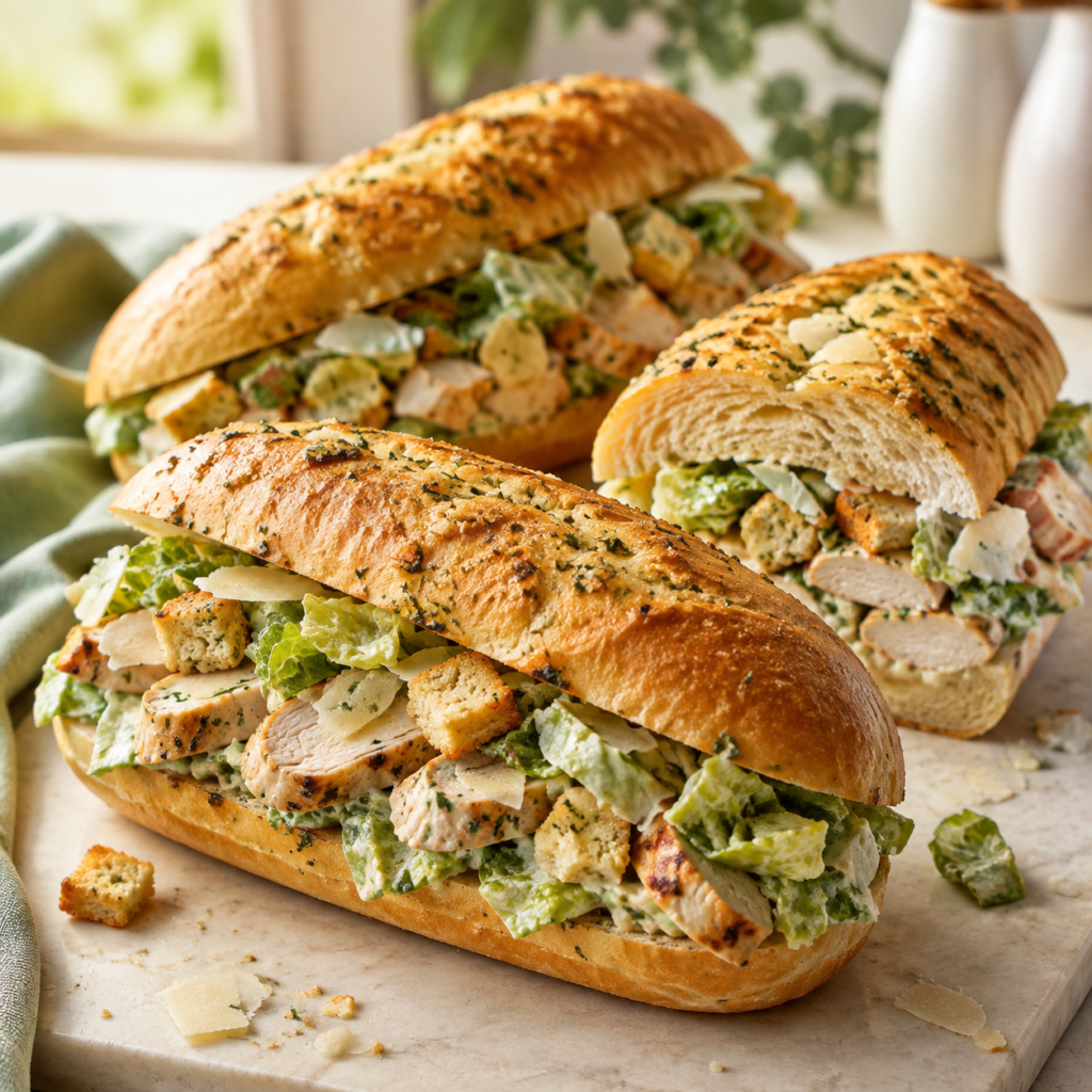 Three garlic bread chicken Caesar salad subs filled with seasoned chicken, crisp romaine, creamy Caesar dressing, Parmesan and crunchy croutons.