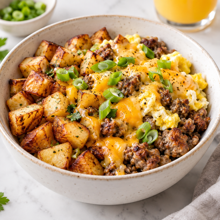 High-protein sausage and egg breakfast bowl with crispy potatoes, cheddar cheese, and green onions.