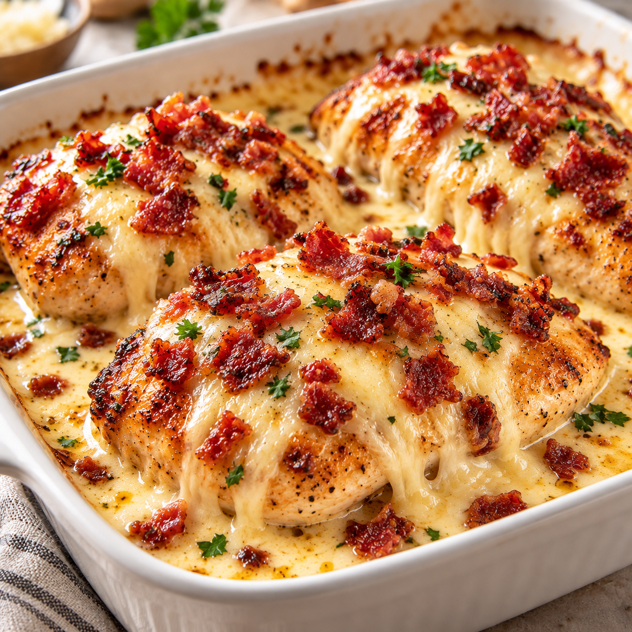 Million Dollar Chicken Million Dollar Chicken with juicy baked chicken breasts topped with creamy melted cheese, crispy bacon, and fresh parsley.