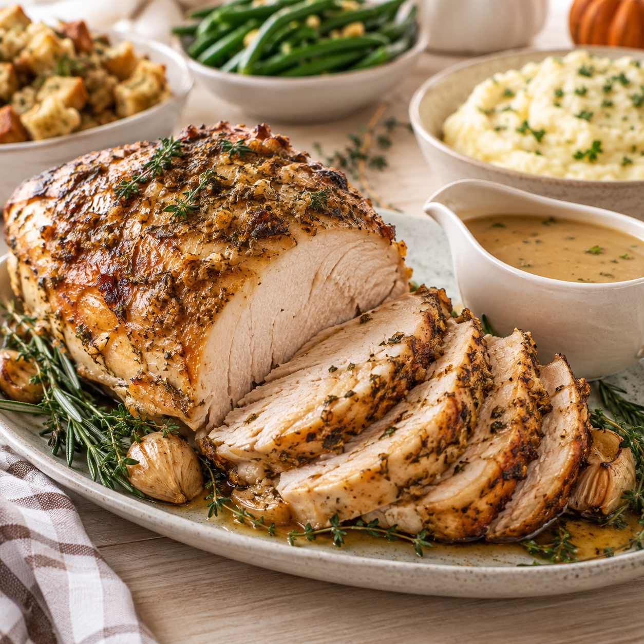Garlic Herb Turkey Breast with Butter Gravy Juicy sliced garlic herb turkey breast with golden roasted seasoning, butter gravy, mashed potatoes, stuffing, and green beans for an easy Thanksgiving dinner.