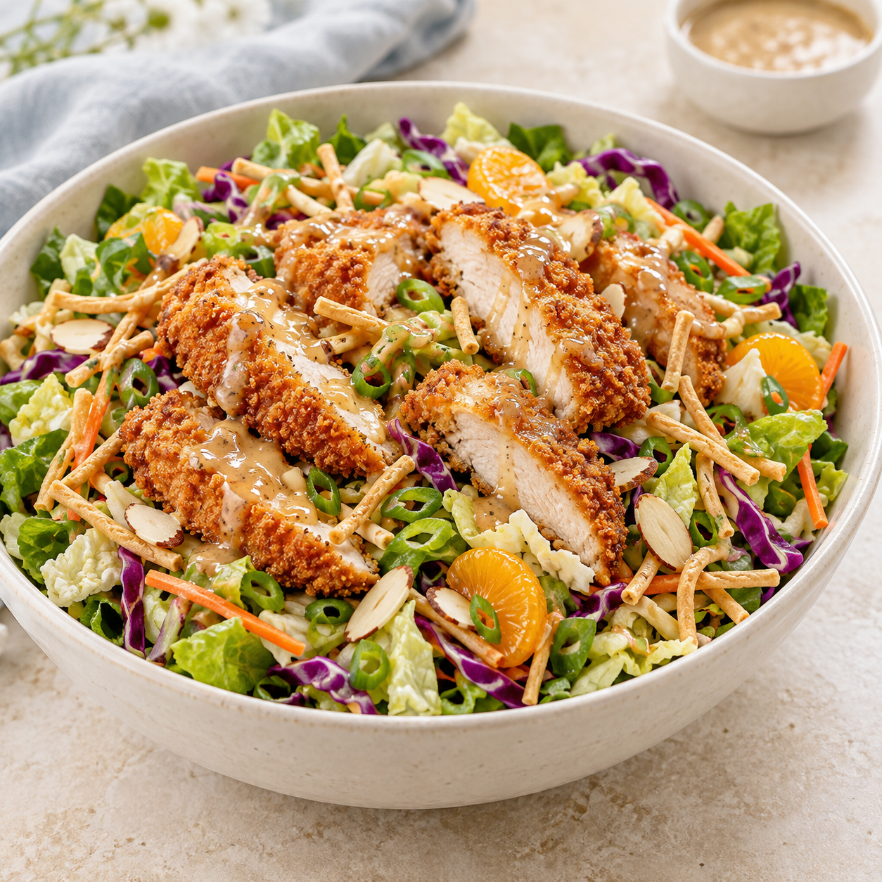 Copycat Applebee’s Oriental Chicken Salad topped with sliced crispy chicken, crunchy noodles, almonds, cabbage, carrots, and mandarin oranges.