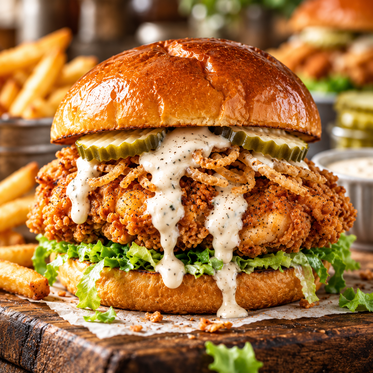 Crispy Alabama White BBQ Chicken Sandwich with white BBQ sauce, pickles, and lettuce on a toasted bun.