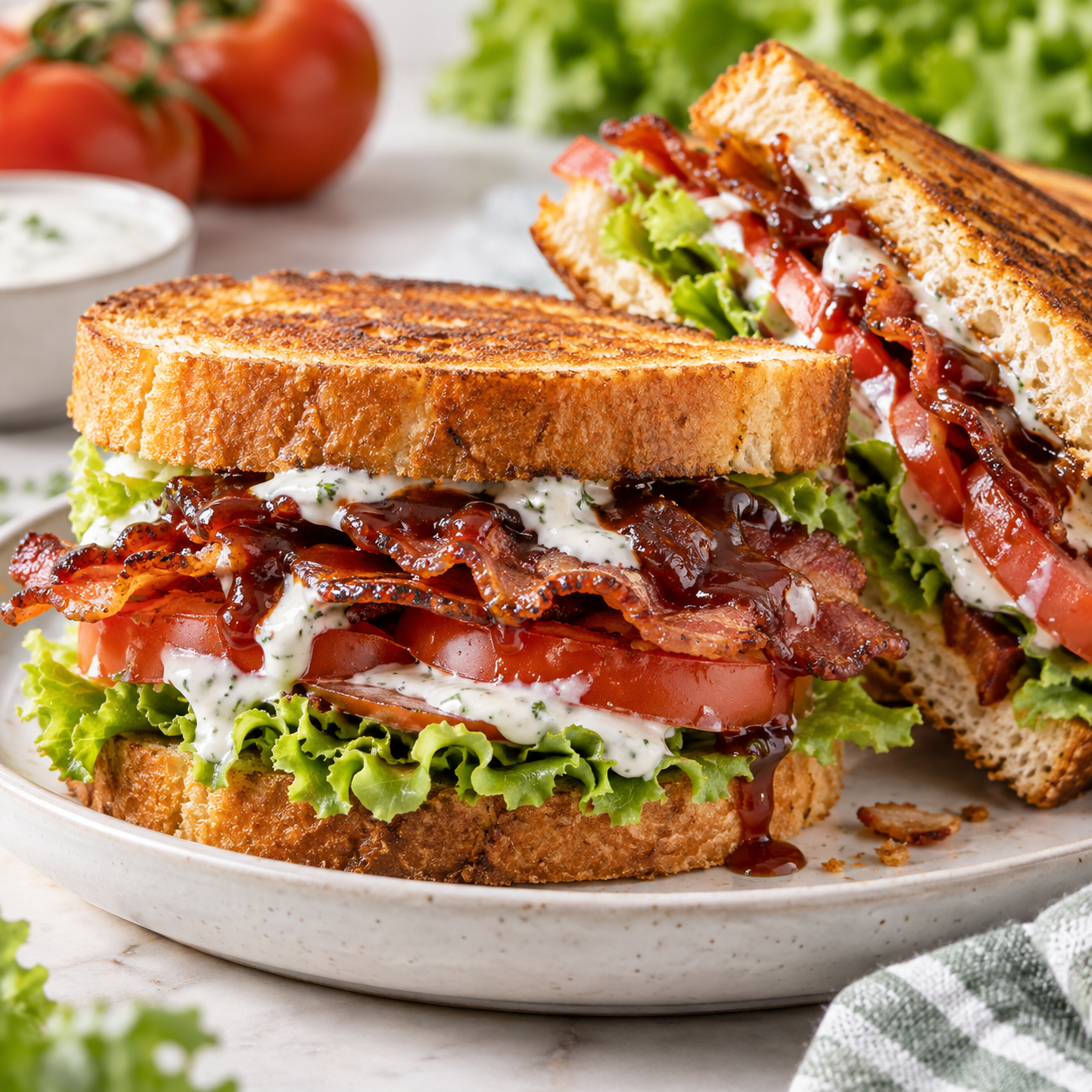 BBQ Bacon Ranch BLT BBQ Bacon Ranch BLT sandwich made with toasted bread, crispy bacon, sliced tomatoes, green leaf lettuce, creamy ranch dressing, and BBQ sauce.