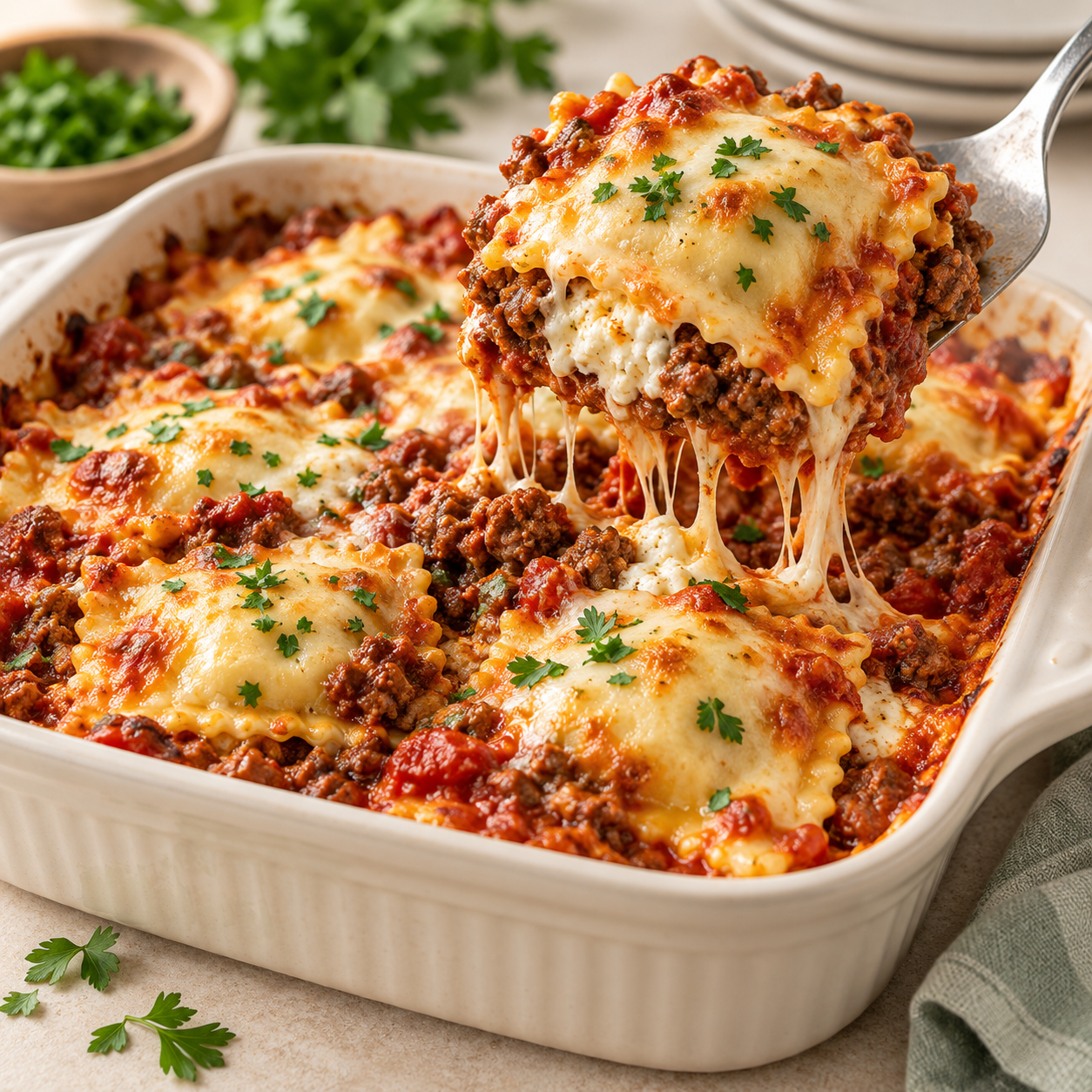 Million Dollar Beef Ravioli Casserole with ground beef, marinara, creamy cheese filling, and melted mozzarella.