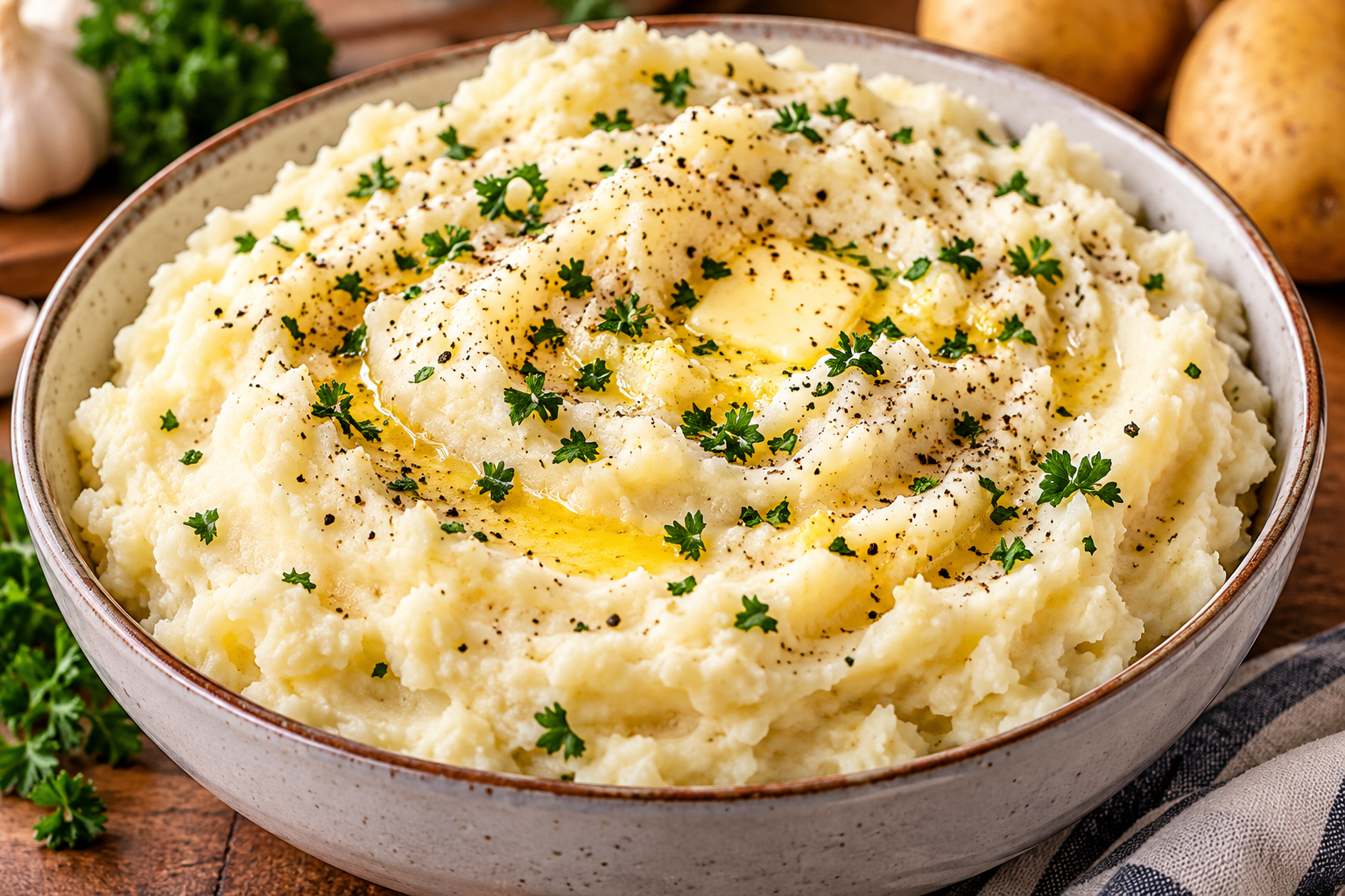 Buttery homestyle mashed potatoes topped with melted butter, parsley, and cracked black pepper in a serving bowl.