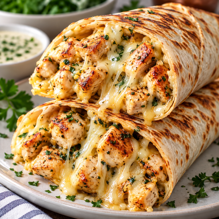 Close-up of cheesy garlic chicken wraps filled with juicy browned chicken, melted cheese, garlic, and fresh herbs inside golden toasted tortillas.