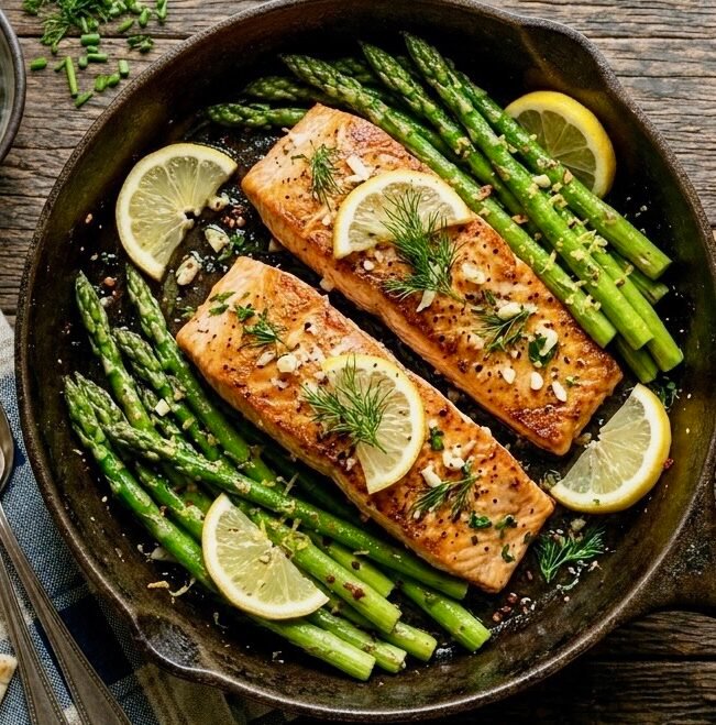 Lemon Garlic Butter Salmon and Asparagus Two golden salmon fillets with garlic butter, dill, asparagus, and lemon wedges in a cast-iron skillet