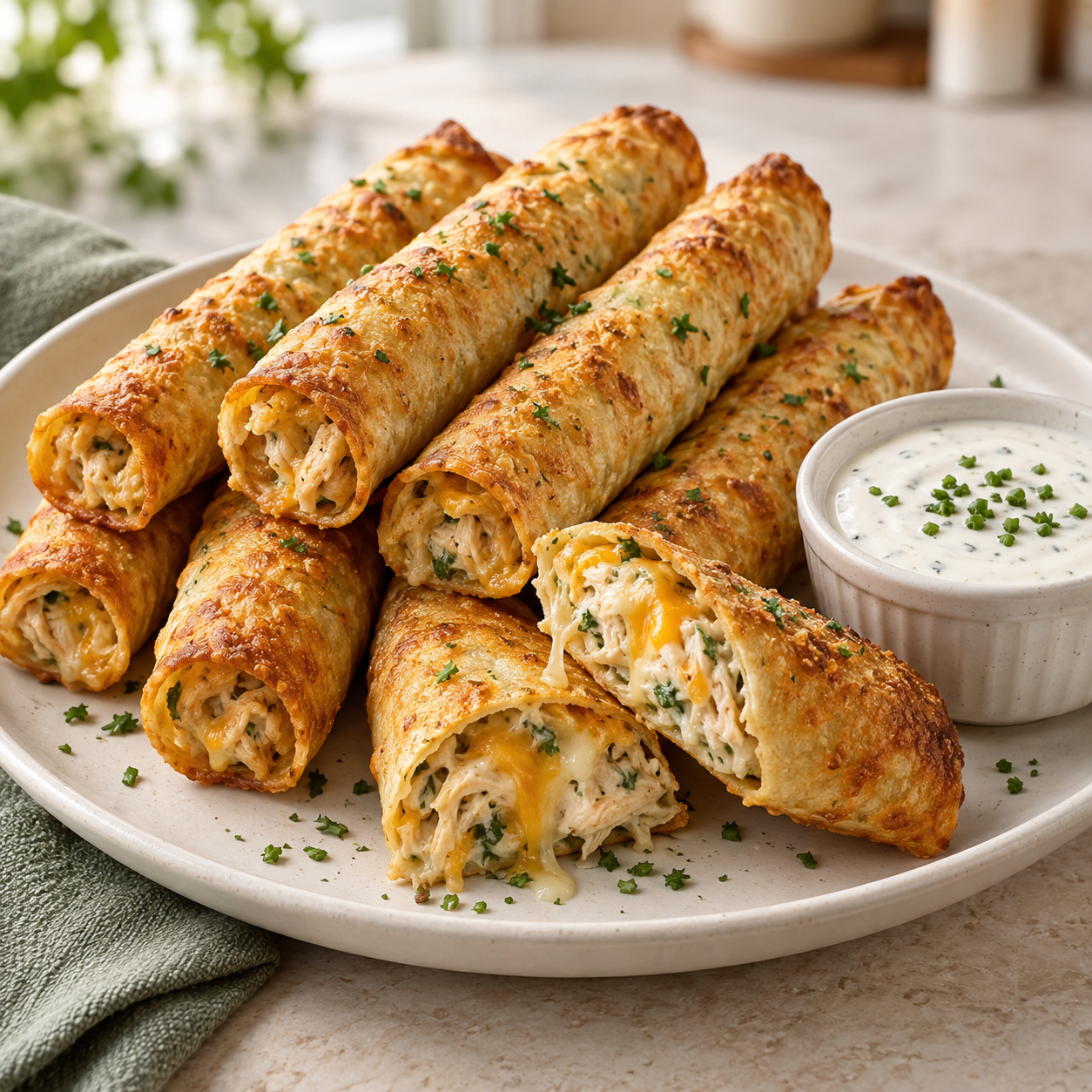 Crispy cheesy ranch chicken taquitos with creamy shredded chicken and melted cheese, served on a cream plate with ranch dipping sauce.