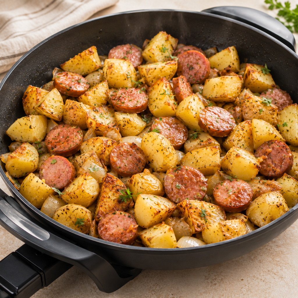 Electric skillet kielbasa and potatoes with browned sausage, crispy golden potatoes, caramelized onions and parsley.