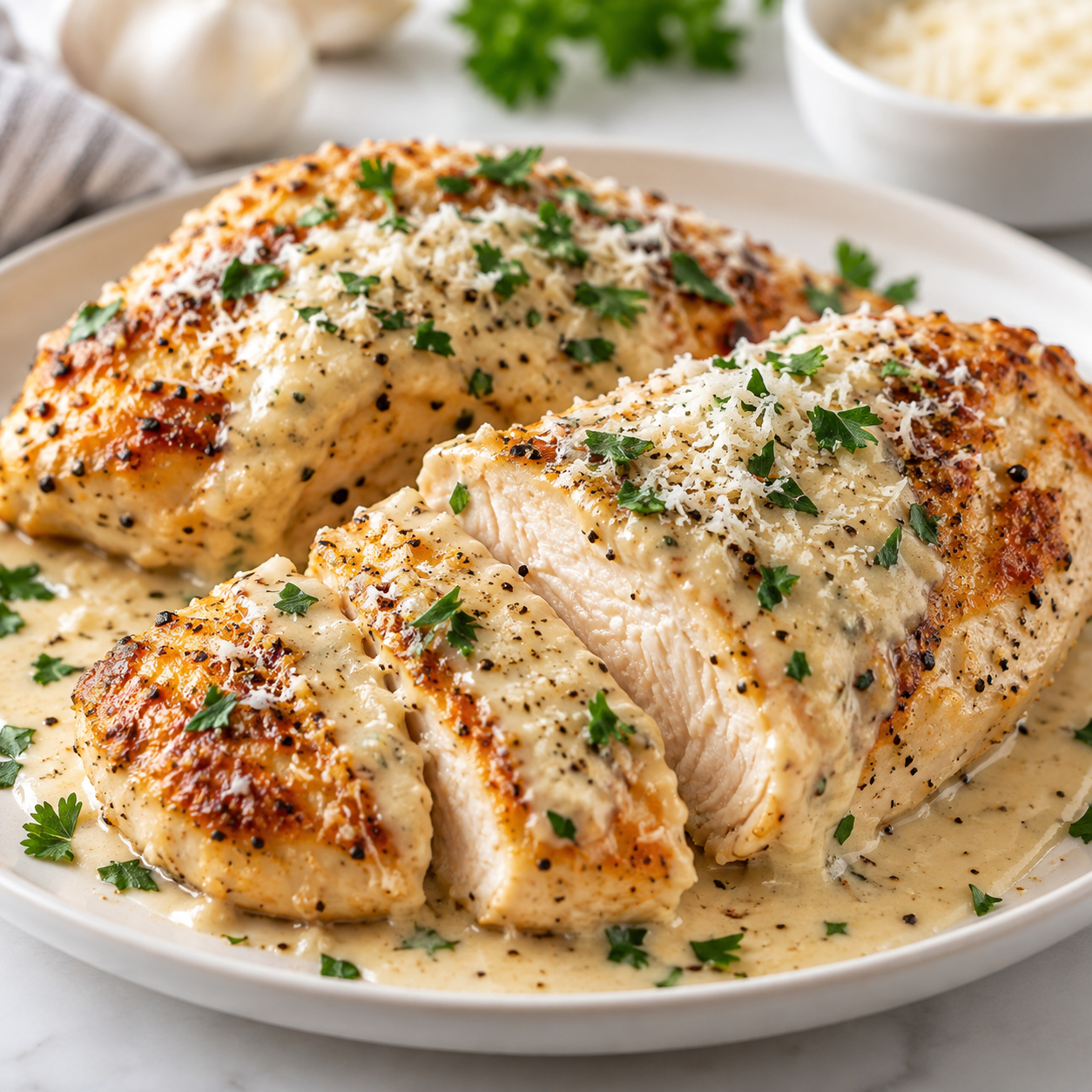 Melt-in-your-mouth Caesar chicken with creamy sauce, Parmesan, herbs, and juicy baked chicken breasts.
