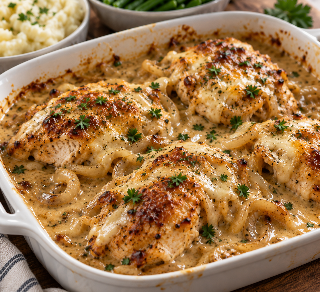 Southern smothered chicken covered in creamy onion gravy with caramelized onions and herbs in a baking dish.