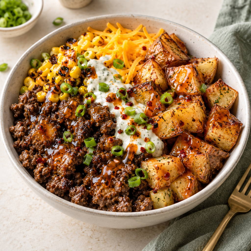 High-protein hot honey beef bowl with seasoned ground beef, crispy roasted potatoes, corn, cheddar cheese and creamy ranch sauce.