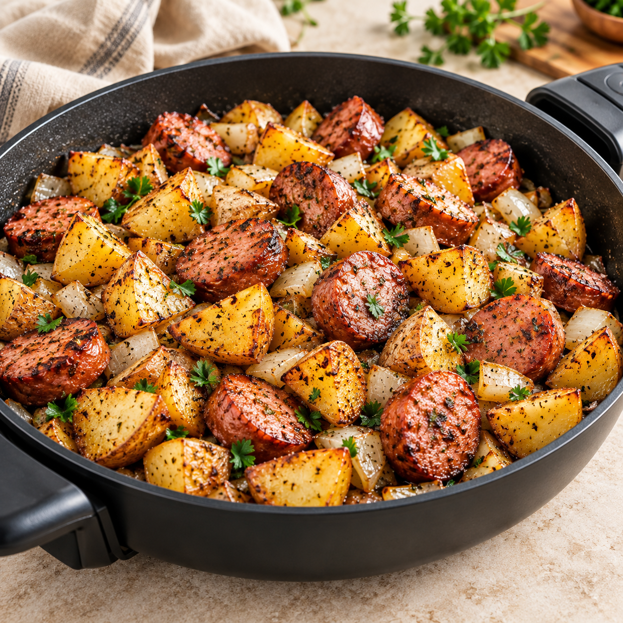 Electric Skillet Kielbasa and Potatoes Browned kielbasa slices, golden potatoes, and sautéed onions in a black electric skillet with a sprinkle of parsley.