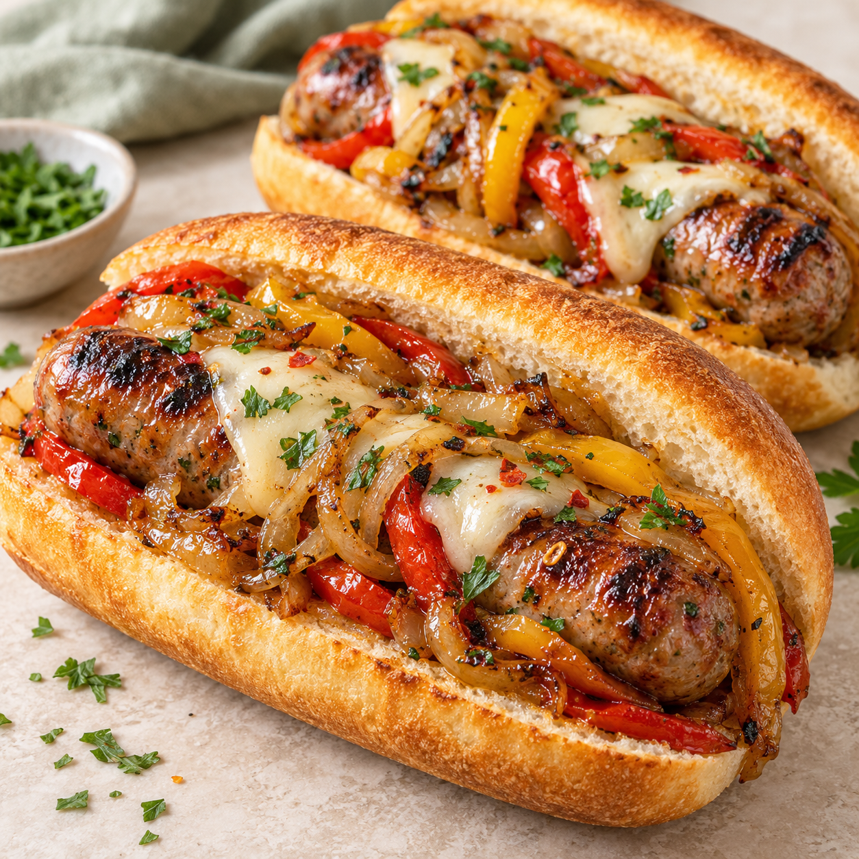 Two grilled Italian sausage sandwiches filled with caramelized red and yellow peppers, onions, melted provolone, and parsley in toasted hoagie rolls.