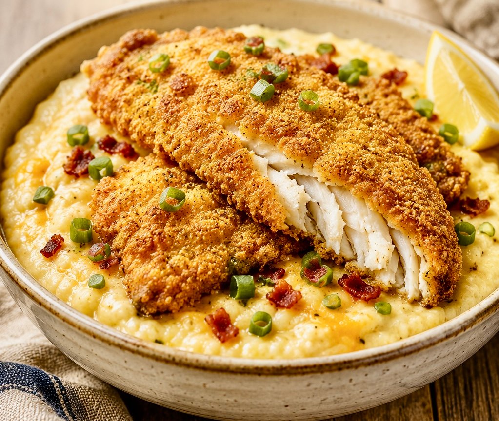 Crispy Southern catfish fillets served over creamy cheesy grits with bacon and sliced green onions in a speckled bowl.