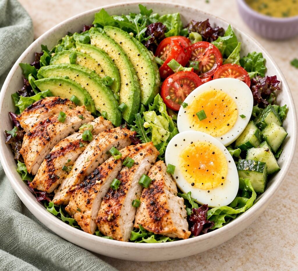 Loaded chicken avocado bowl with grilled chicken, hard-boiled eggs, mixed greens, tomatoes and cucumber.