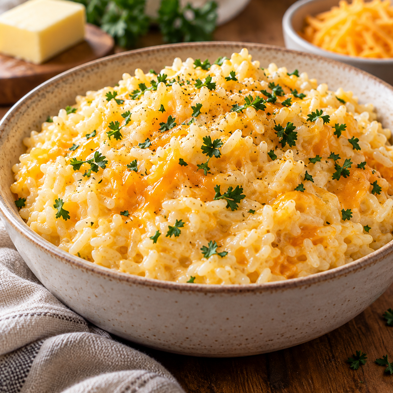 Creamy cheesy rice with melted cheddar, parsley, black pepper, and butter served in a rustic bowl.