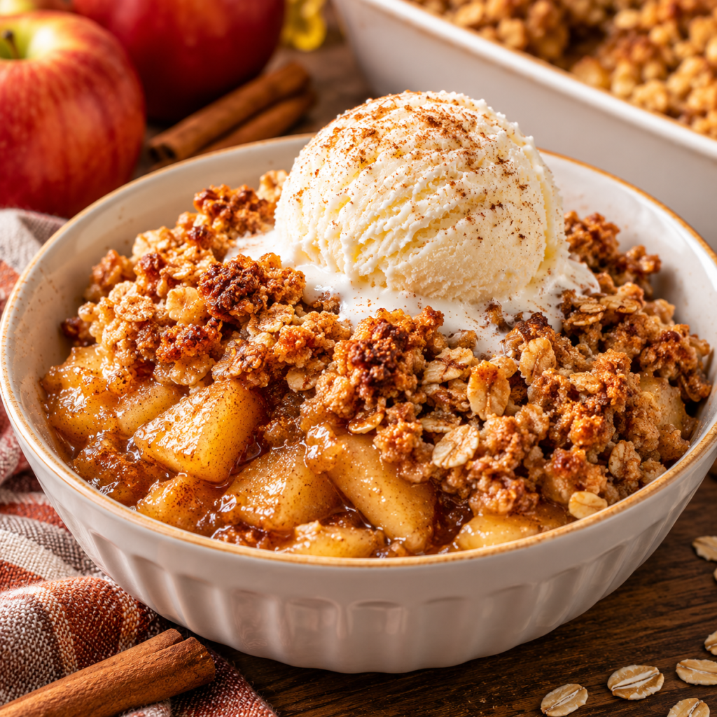 Warm apple crisp with cinnamon-spiced apples, crunchy oat topping, and a scoop of vanilla ice cream.