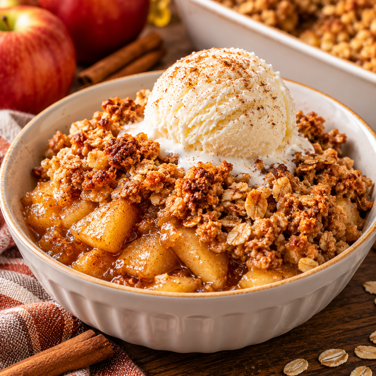 Warm apple crisp with cinnamon-spiced apples, crunchy oat topping, and a scoop of vanilla ice cream.