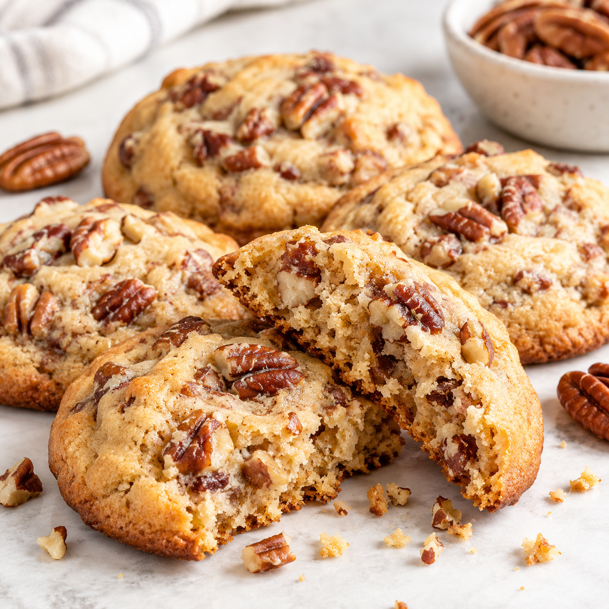 Soft and chewy butter pecan cookies with toasted pecans and one cookie broken open to show the soft center.