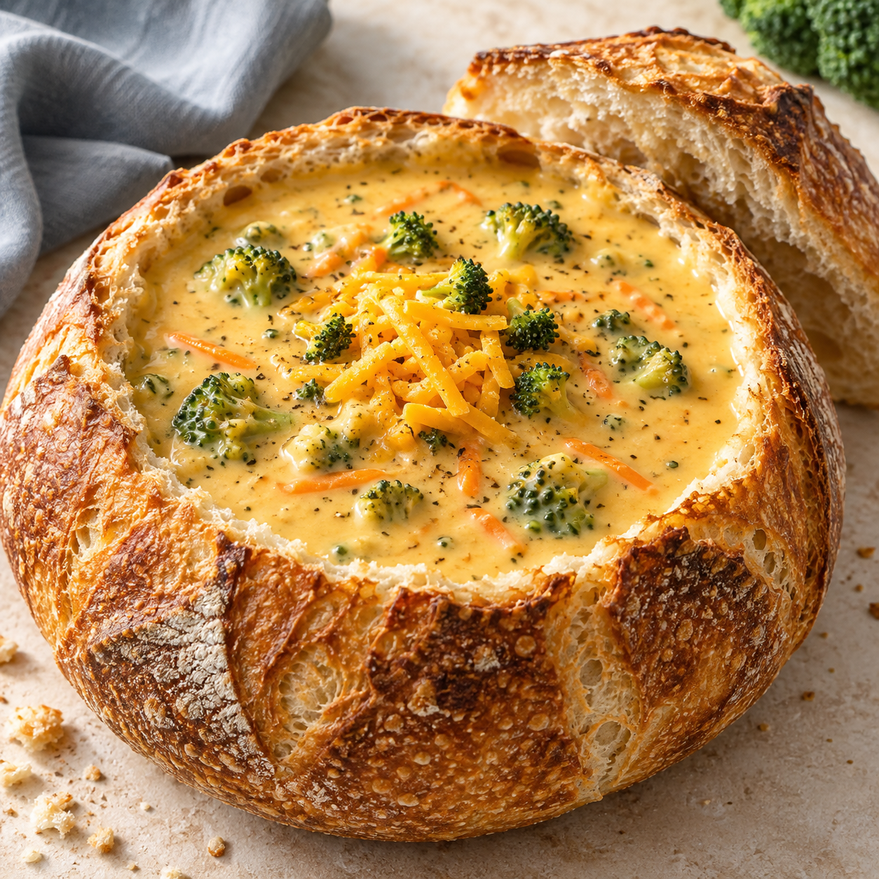 Copycat Panera Broccoli Cheddar Soup with broccoli florets, shredded carrots and cheddar cheese served in a crusty artisan bread bowl.