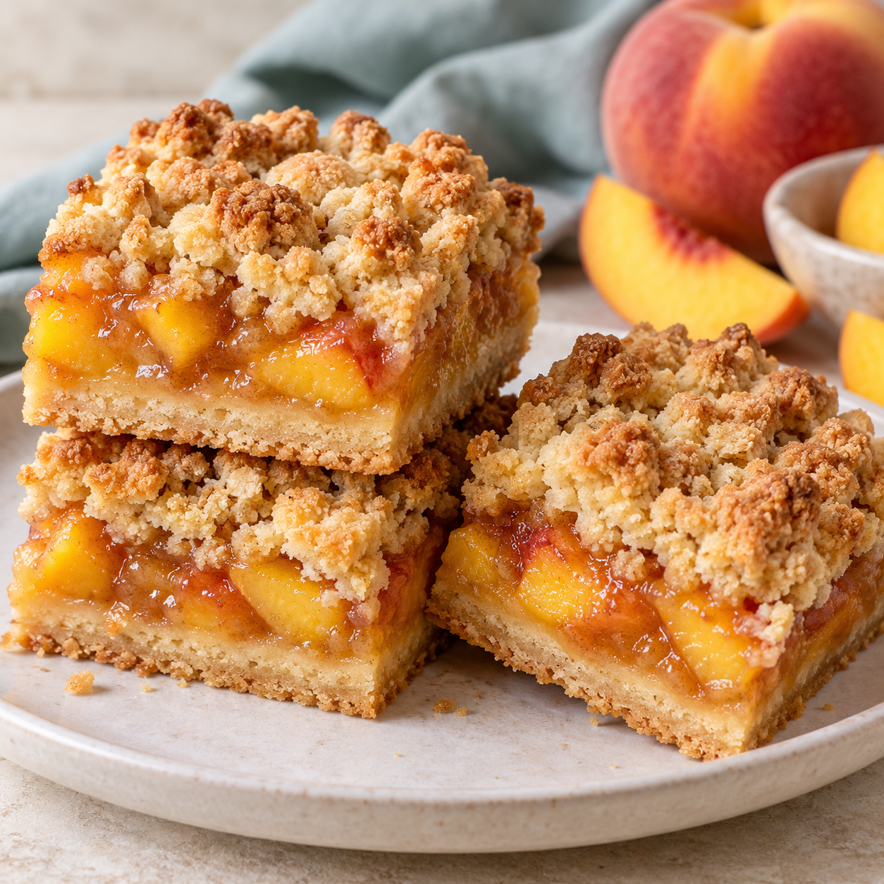 Three homemade peach crumble bars with a buttery shortbread crust, visible fresh peach filling, and thick golden crumb topping on an ivory plate.