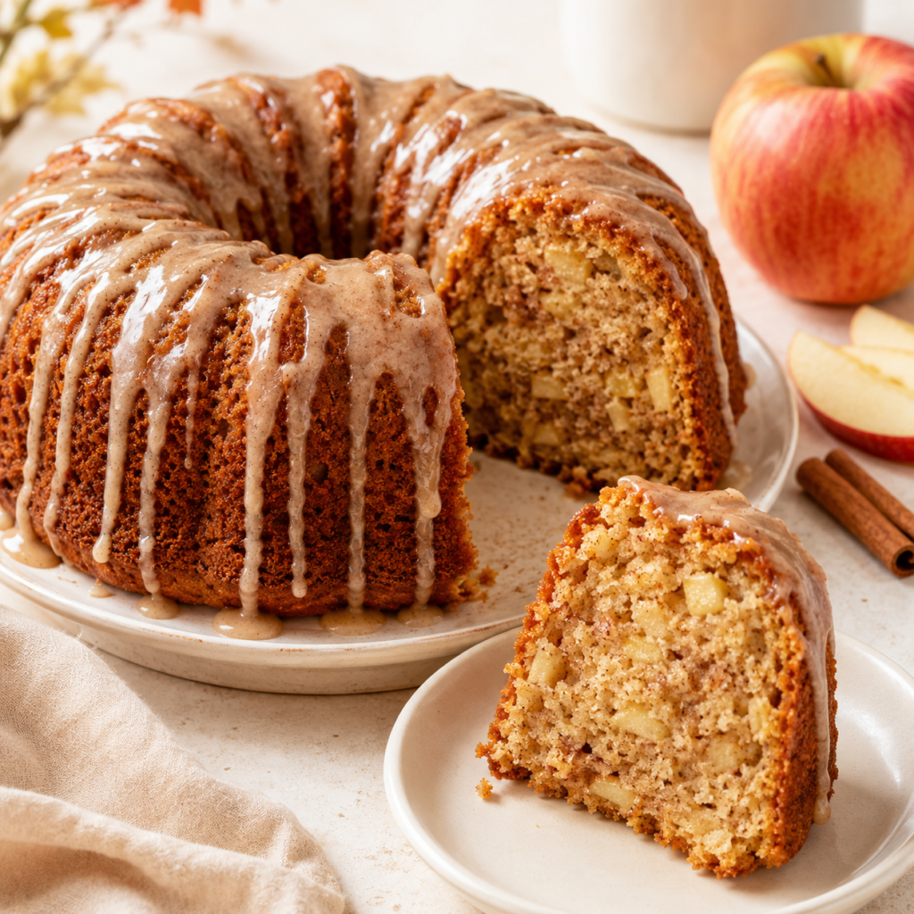 Moist Apple Harvest Bundt Cake filled with fresh apple pieces and topped with cinnamon glaze, with one slice served on a plate.