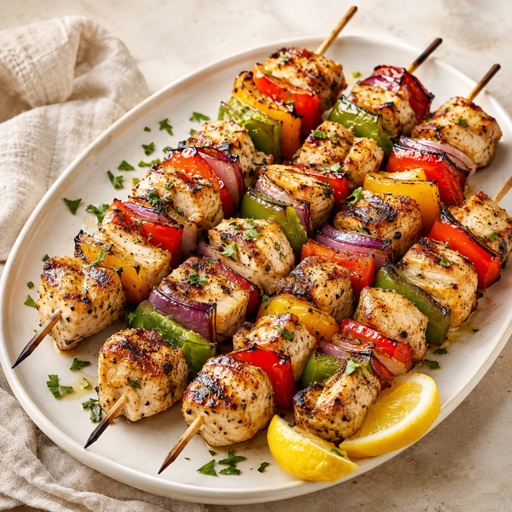 Grilled chicken kabobs with colorful red, yellow and green bell peppers and red onions arranged on a white serving platter.