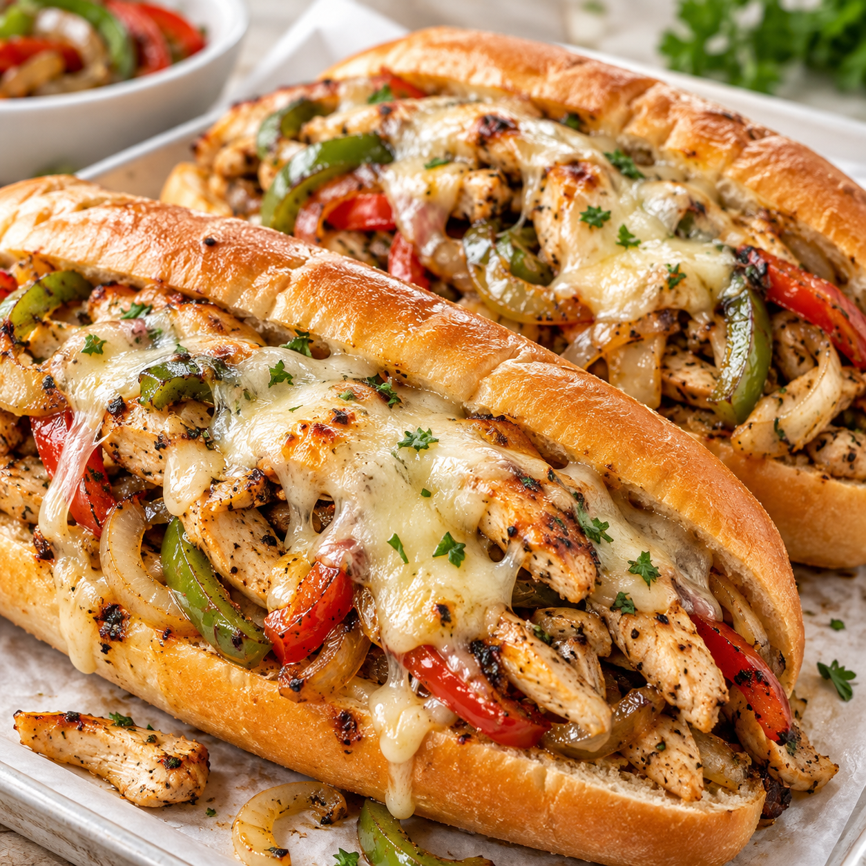 Chicken Philly Cheesesteak Recipe | Easy 20-Minute Dinner Chicken Philly cheesesteak sandwiches loaded with seasoned chicken, sautéed red and green peppers, onions, and melted provolone cheese on toasted hoagie rolls.