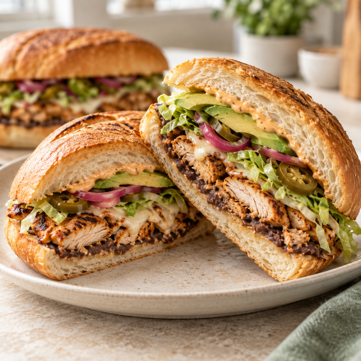 Mexican chicken torta cut into halves and filled with grilled chicken, refried black beans, melted cheese, avocado, lettuce, onions, jalapeños and chipotle mayo.