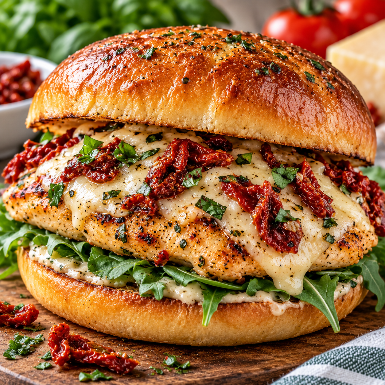 Cheesy Sun-Dried Tomato Sandwich Cheesy sun-dried tomato chicken sandwich with grilled chicken, melted cheese, sun-dried tomatoes, greens, and a toasted bun.