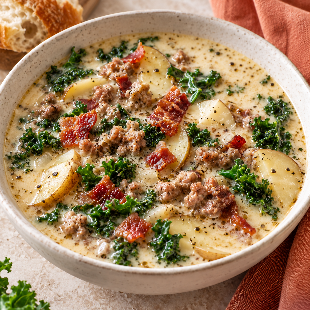 Creamy Copycat Olive Garden Zuppa Toscana Soup with browned Italian sausage, sliced potatoes, kale and crispy bacon in an ivory bowl.